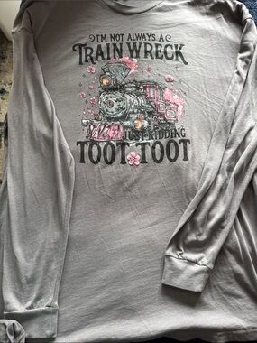 Gray Long Sleeve Tee with Pink Train Graphic - Women